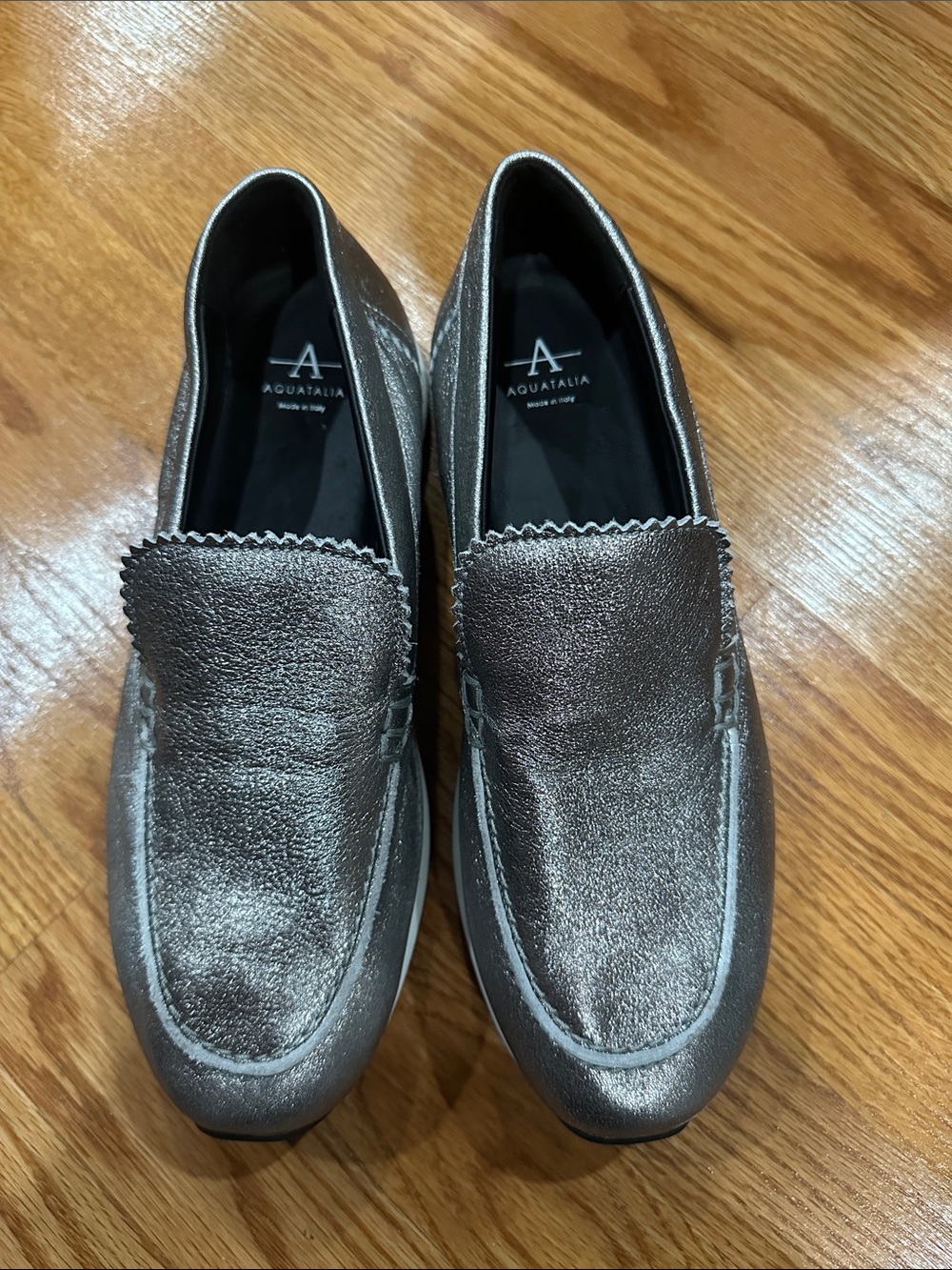 Aquatalia Metallic Pewter Leather Slip-On Loafers